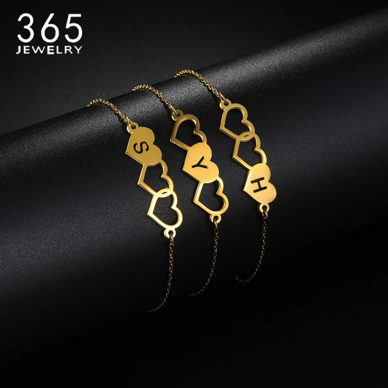 

365 Personalized Letter With Three Hearts Bracelet Anklet Stainless Steel Custom Hollow Letter Nameplate Women Girl Cute Jewelry
