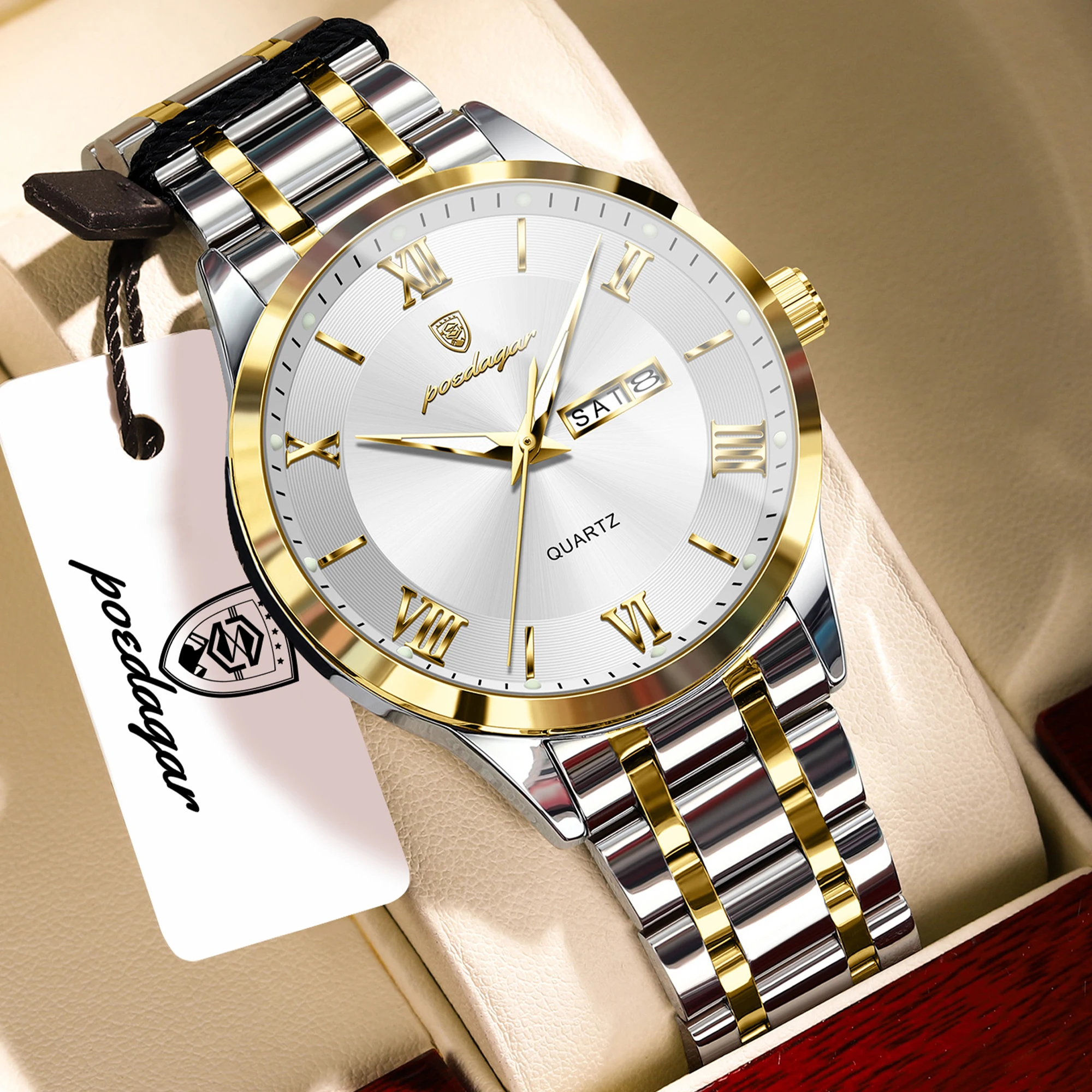 POEDAGAR Top Fashion Man Clock Luminous Waterproof Stainless Steel Men Wristwatch Week Date Quartz Business Men's Watches Reloj