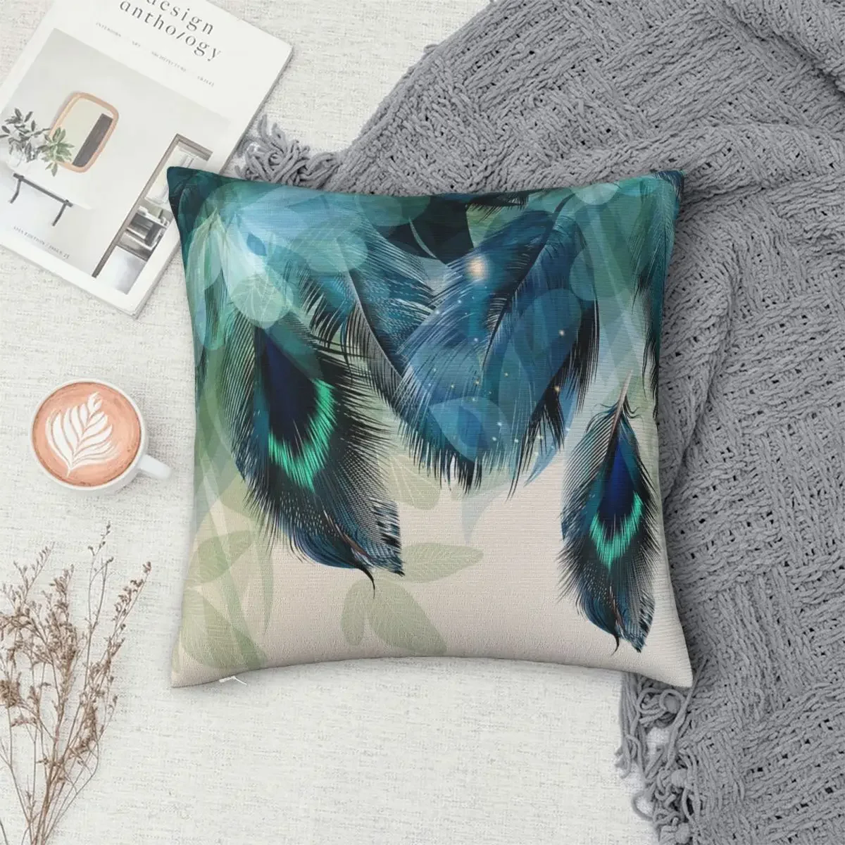 Peacock Feathers Turquoise Pillowcase Polyester Pillows Cover Cushion Comfort Throw Pillow Sofa Decorative Cushions Used