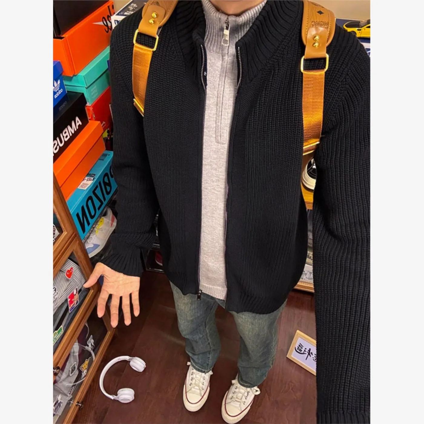 

American Sle Stand Collar Open Cardigan Sweater Men's Bla Double Zipper Knitted Top Cleanfit Loose Fit Winter Long Sve