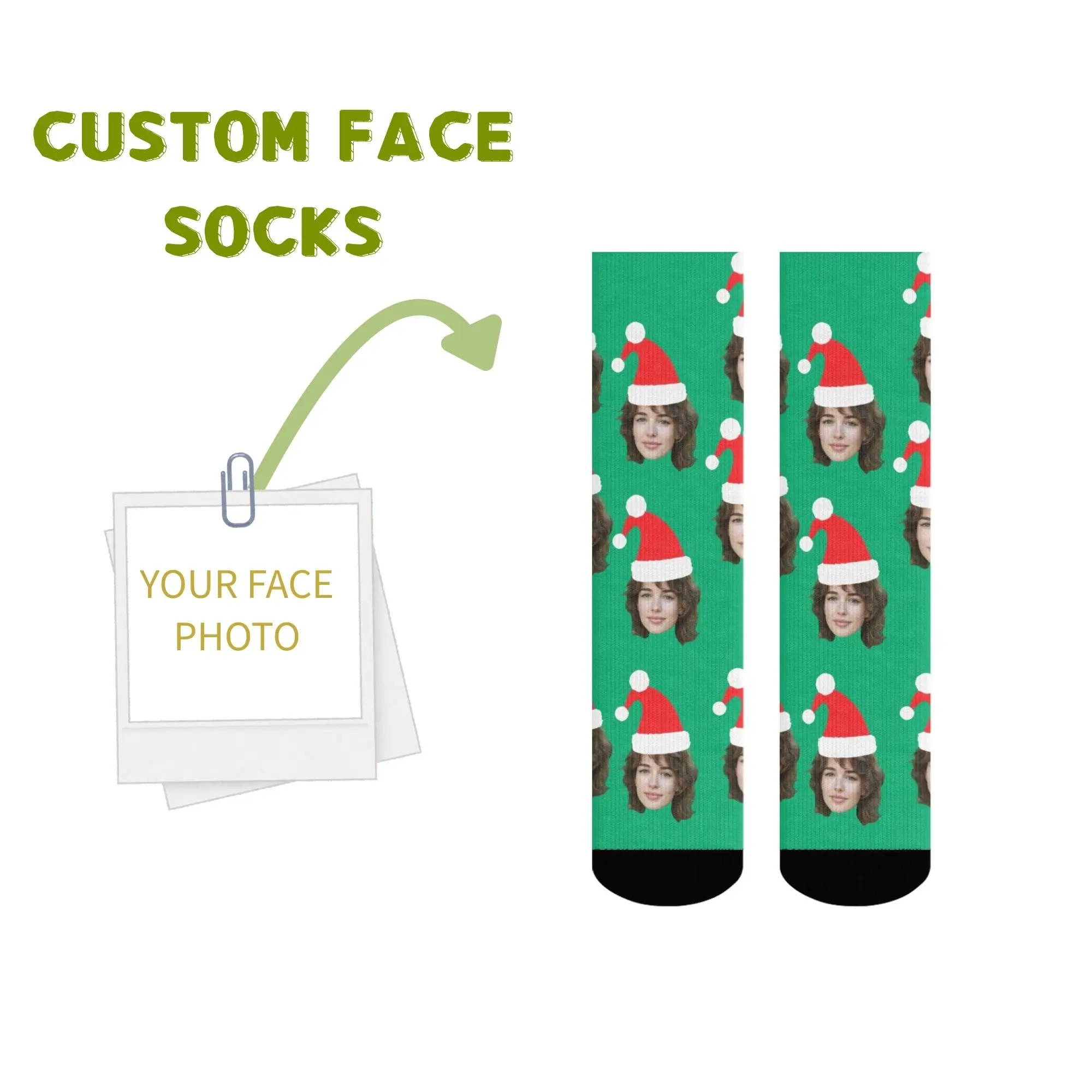 

Christmas Theme Cute Custom Face Socks with Red Santa Hat Pattern on Green Unique Festive Gift for Christmas Lovers and Family