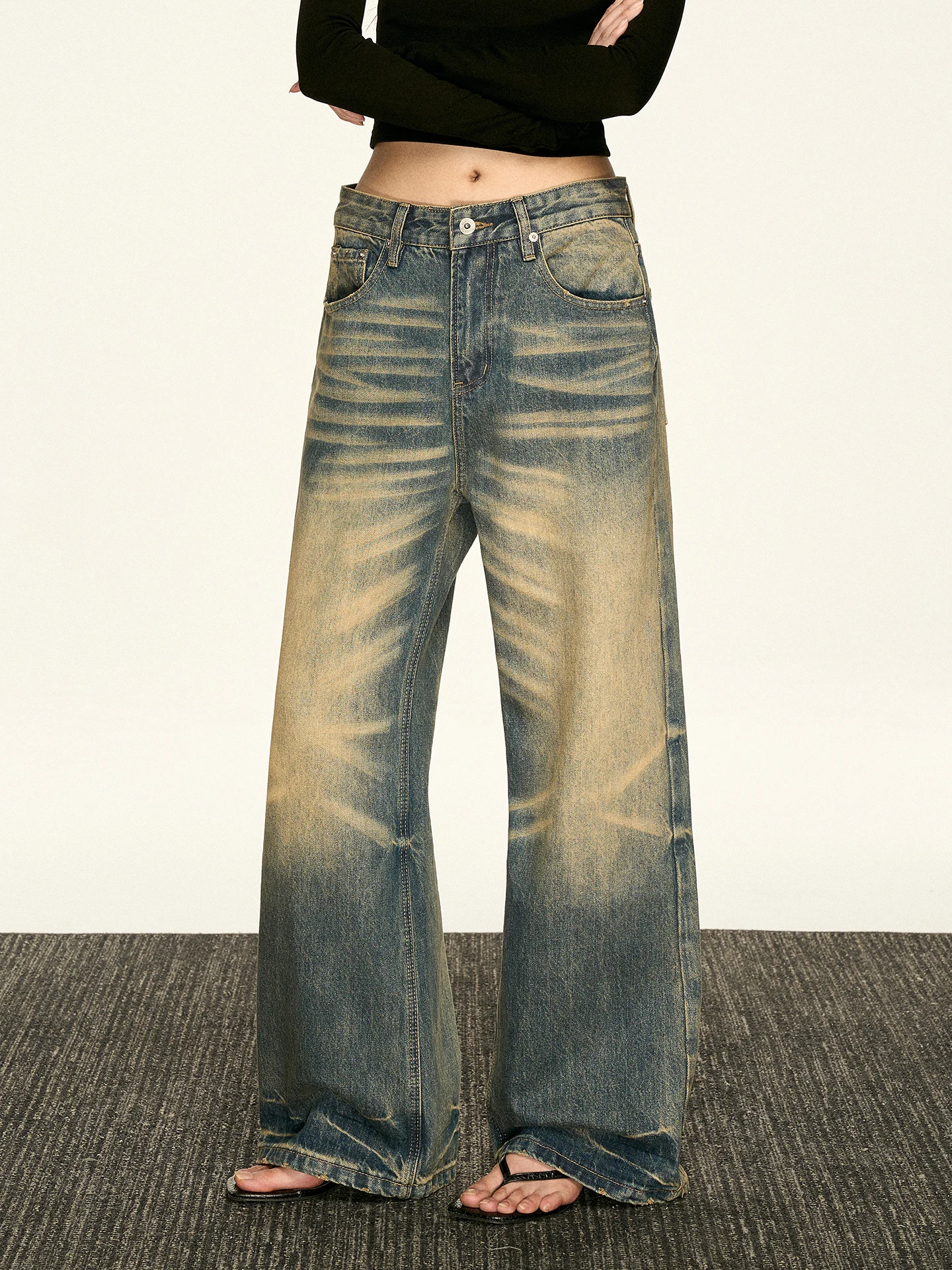 

Aaisup синие джинсы с высокой талией и завышенной талией, женские свободные прямые длинные брюки, осень-зима Faion