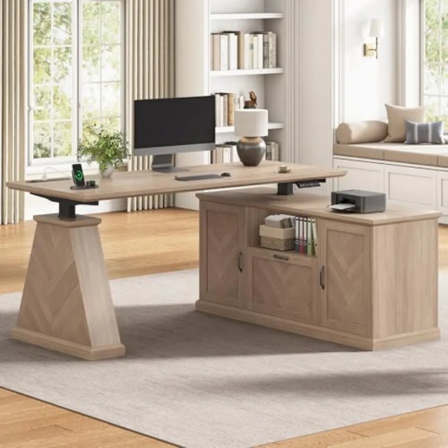 

Farmhouse L Shaped Electric Standing Desk with Power Outlet and 2 Storage Cabinets, 55.1" x 47.2" Height Adjustable Office Exec
