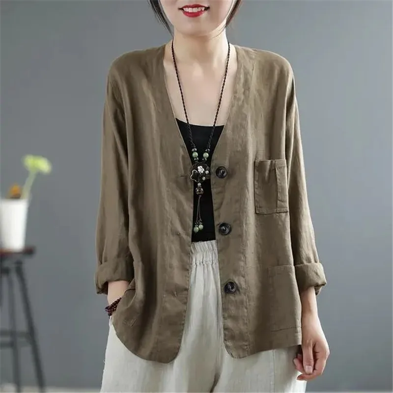 

2025 NEW Spring Summer Autumn Fashion Thin Cotton Linen Jacket For Women Chinese Style V-Neck Sun Protection Jacket Coat Top