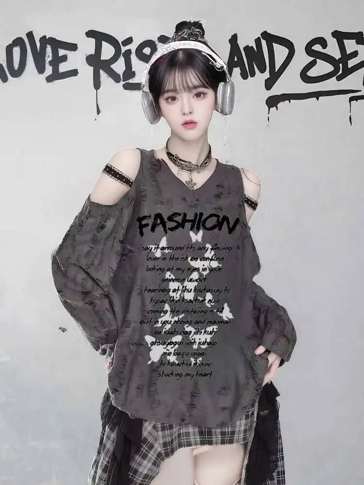 

Y2k Subculture Cute T-Shirt Off-shoulder White Short-sleeved Summer T-shirt Woman Cartoon Print Sweet Harajuku Tees