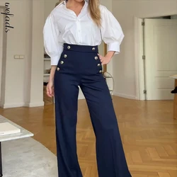 Wefads Two Piece Set Women Summer Casual Solid Lapel Long Puff Sleeve Single Breasted Top Button With Pocket Loose Pant Sets