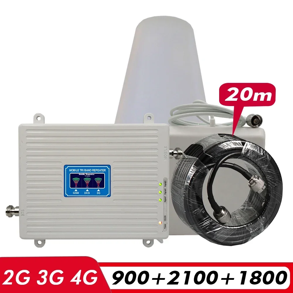 2G 3G 4G Tri-Band Repeater GSM 900MHz+DCS/LTE 1800(B 3)+UMTS/WCDMA 2100(B1) Mobile Signal Booster Cellular Amplifier Antenna set