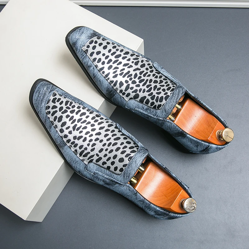 Summer New Leopard Print Men\'s Shoes Pointed Slip-on High Quality Leather Oxford Shoes Office Dress Shoes Luxury Wedding Shoes