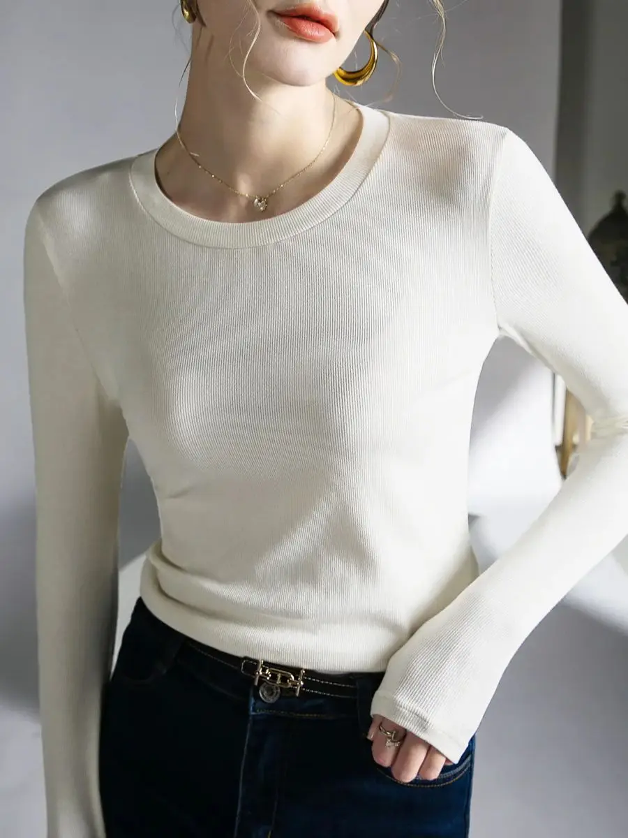 

Spring Autumn Full Sleeve T-shirts Girls O-neck Solid High Stretch T Shirt Top For Woman Simple Base Slim Tee