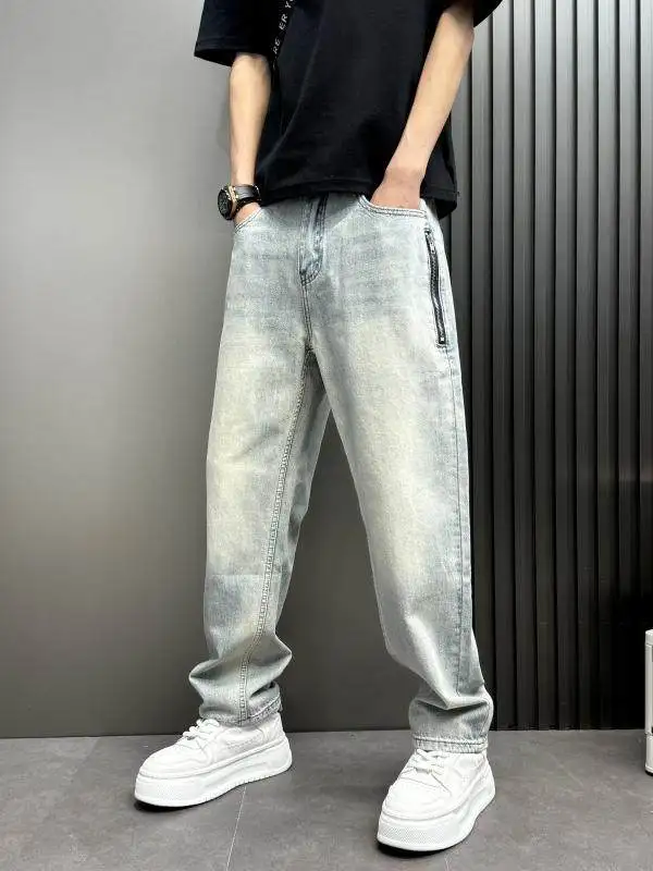 

Мужские повседневные джинсы свободного кроя в винтажном стиле, прямые, модные, брендовые, удобные, свободные, длинные брюки для весны