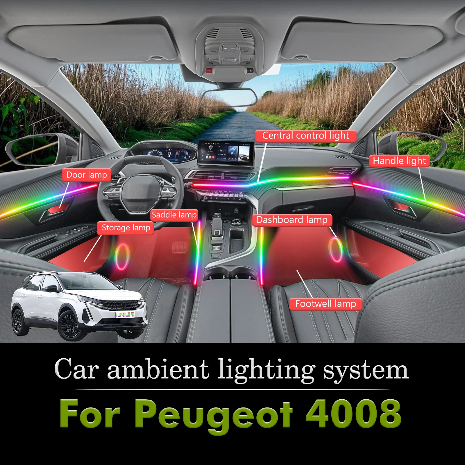 

Для Peugeot 4008 комплект внутренней окружающей лампы автомобиля RGB 64-цветный светодиодный умный пульт дистанционного управления энергосберегающие эффективные огни