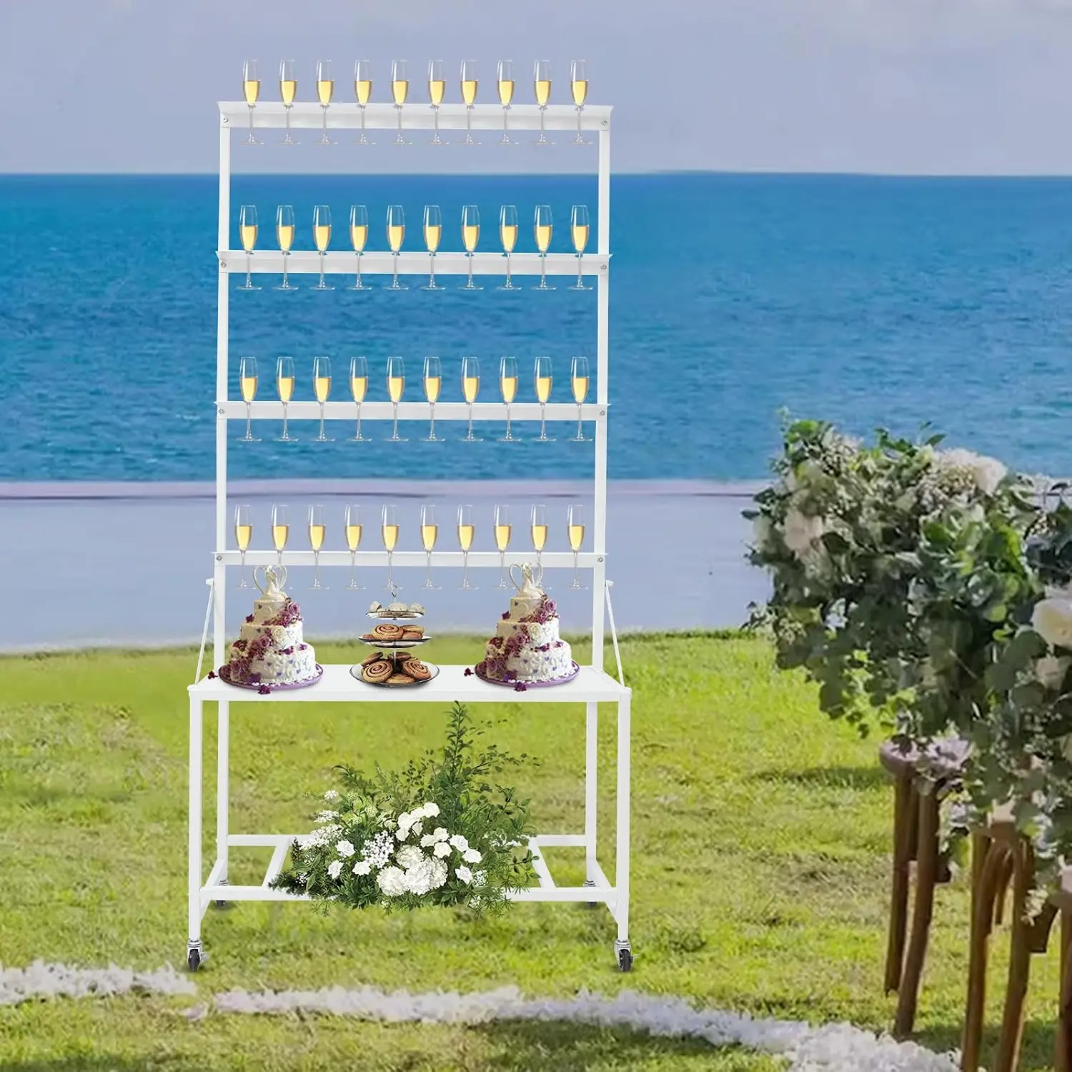 4 Tier Metal Champagne Flute Holder Display Stand Storage Shelf Holds 40 Glasses Movable Adjustable Wine Glass Rack Party Weddin