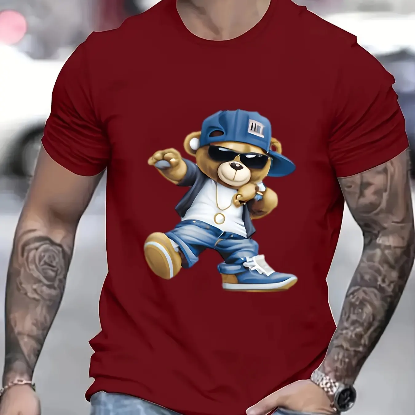 Men's Summer Fashion Casual Sports Loose Large Cartoon Cool Bear Pattern Printed Round Neck Short Sleeve Oversized T-shirt tops - Image 4