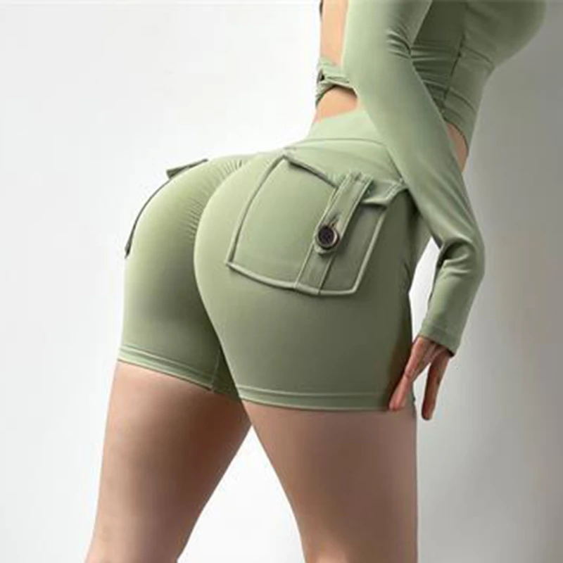 Women Sport Shorts Pockets Gym Sexy High Waist Workout Push Up Booty Scrunch Biker Shorts Pants Fitness Cycling Tights