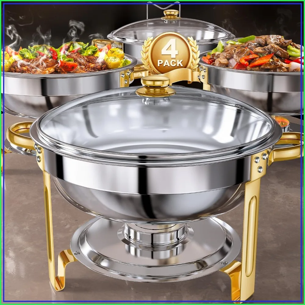 

Buffet Chafing Dish Set: 5QT Stainless Steel, Pre-Installed, with Lids, Clear Lid Holder, Easy Clean, for Catering Events