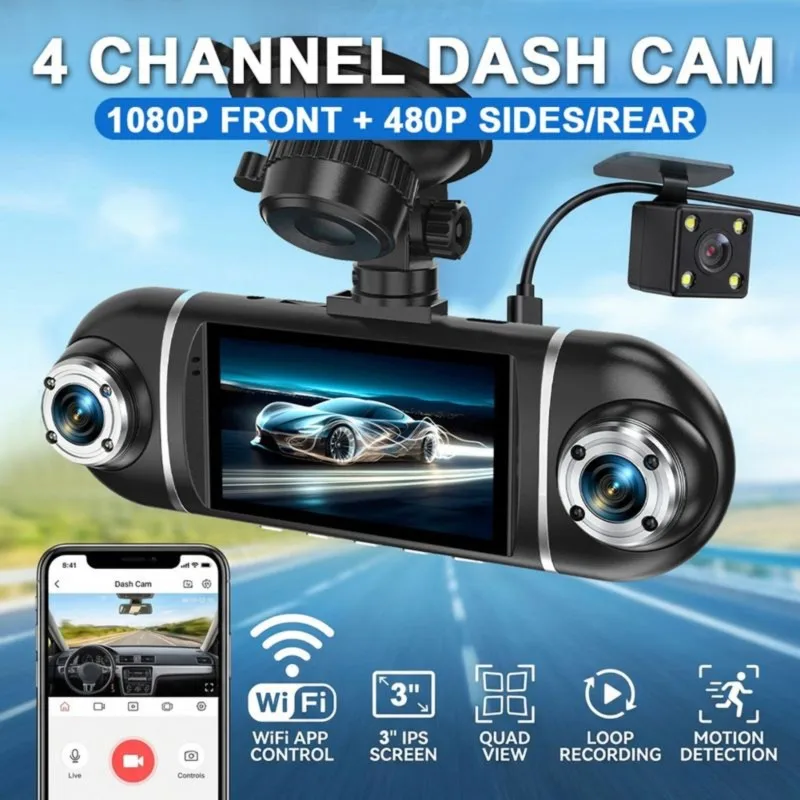 Super Sale 4 Channel Dash Cam for Cars WIFI APP Car DVR 1080P Camera Lens Video Driver Recorder Rear View Camera