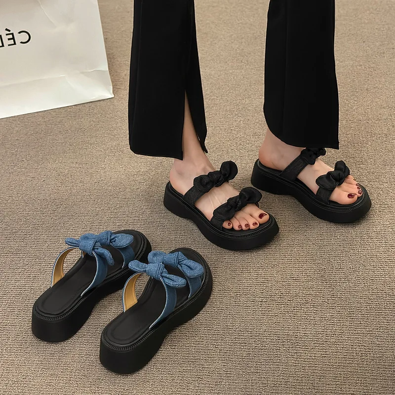 Slippers Women Summer Shoes Rubber Flip Flops Low Slides Shale Female Beach Platform Fashion Butterfly-Knot Hawaiian Denim Sabot