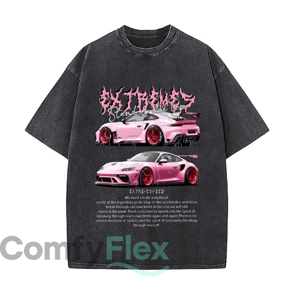 Pink Extreme Graphic Car Stand Out Of The Crowd Washed Distressed Loose Streetwear Tops for City Walks