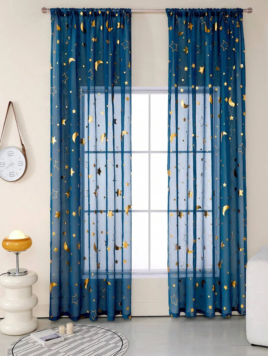 

1pc through-pole dreamy blue and gold starry sky curtains, encounter French and American traditional Chinese style