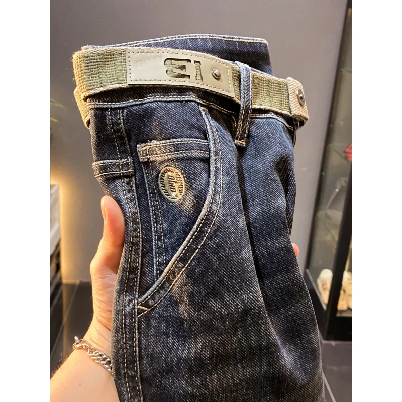 

2025 элитные мужские джинсы с наклонными карманами, осень 2024, новый стиль, маленькая нога, модные длинные брюки с поясом