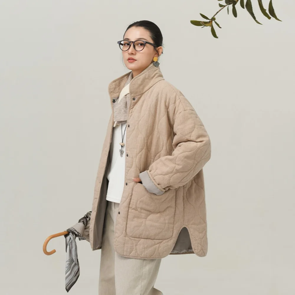 Winter New Cotton and Linen Women's Cotton Medium and Long Padded Jackets Women's Loose Color-proof Rhombus Fashion Premium