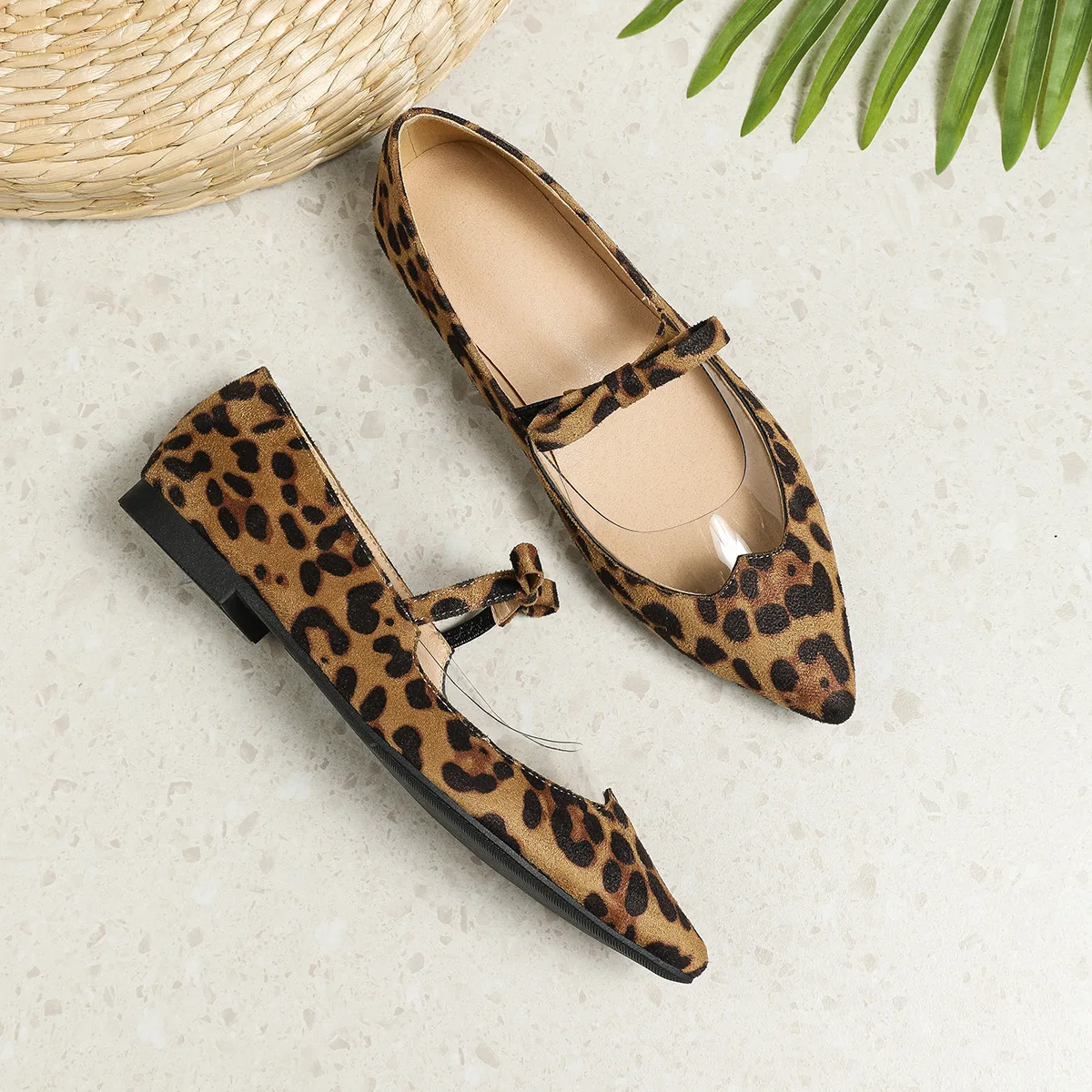 Sexy Shallow Mouth Pointed Toe Flat Ballet Dance Shoes Mary Jane Leopard Bow Shallow Mouth Single Shoes for Women