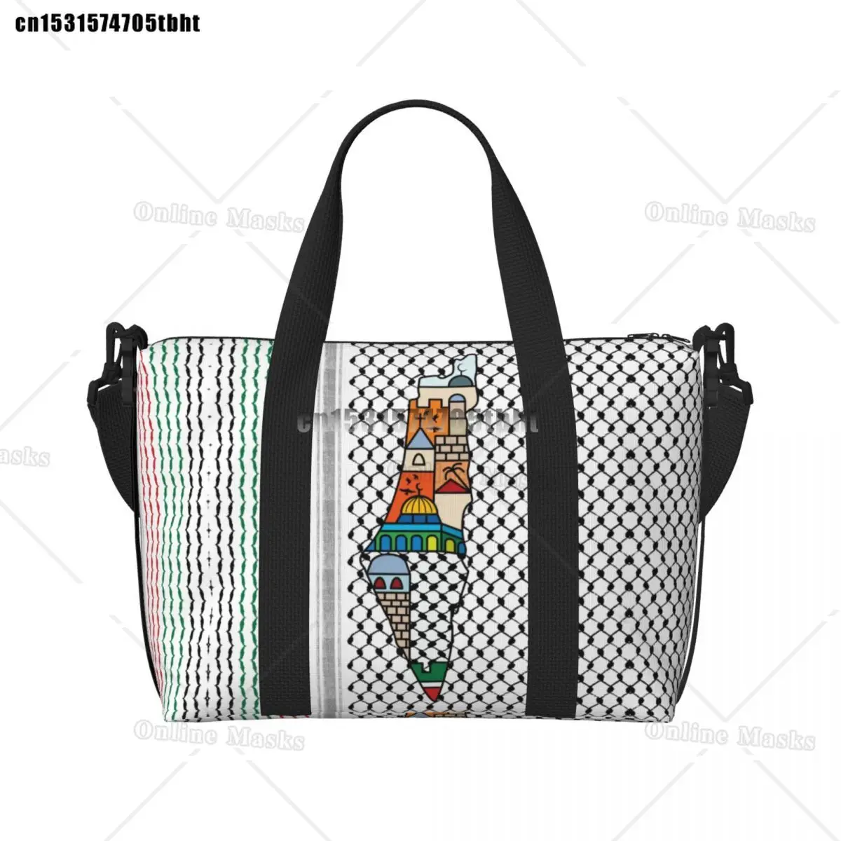 

Custom Arabic Calligraphy Name With Palestinians Flag Hand Grocery Tote Shopping Bag Women Large Capacity Beach Gym Travel Bags