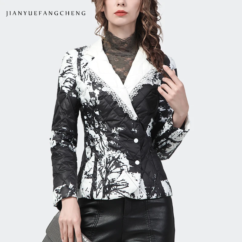 Fashion Black-White Print Women\' Down Jacket 2022 Winter Slimming Short Warm White Duck Down Padded Puffer Coat Suit Collar Tops