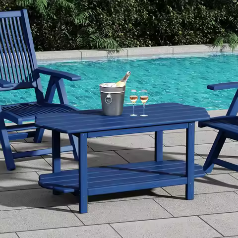 Blue Outdoor Patio Coffee Table - Adirondack Deck Furniture - HDPE Pool Side Table - 17.7x39.4 Inches
