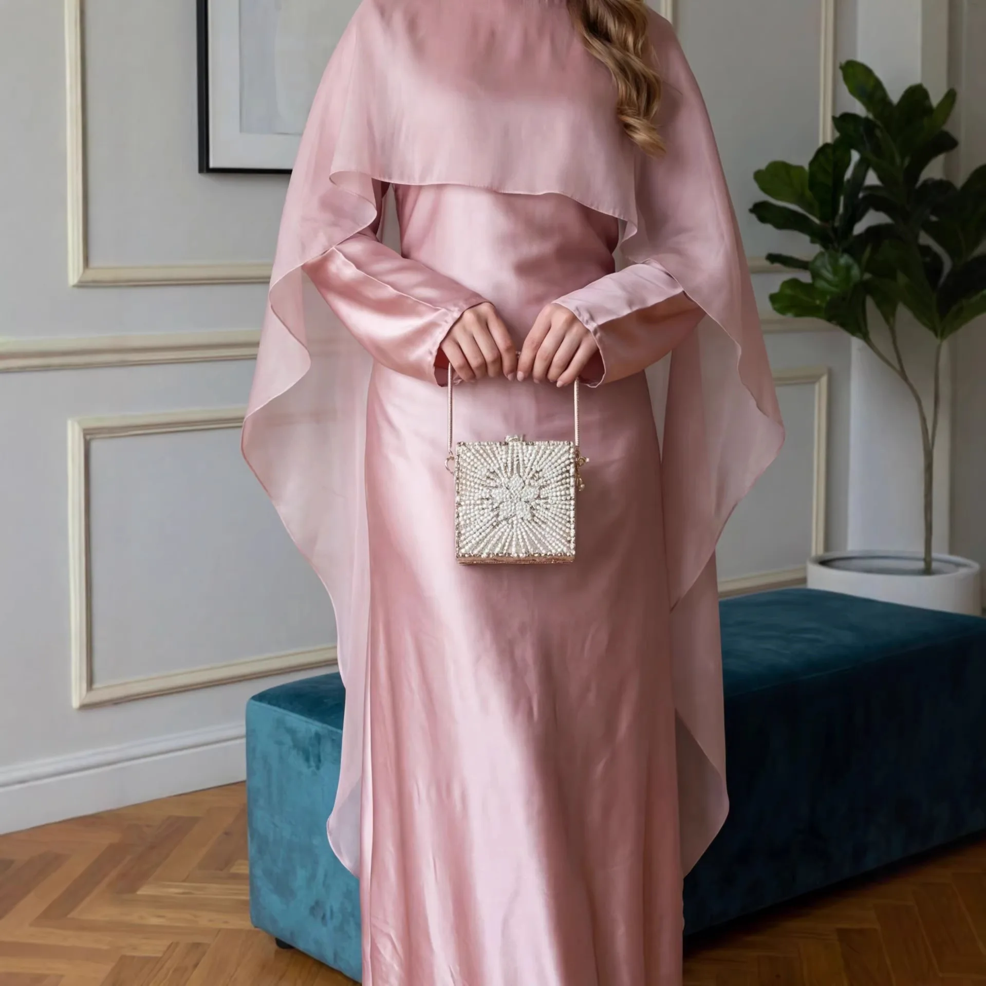 

Вечернее платье макси с длинным рукавом и завязками, розовое, из шелковистой ткани, класса люкс, коллекция Весна-Лето 2026, для женщин