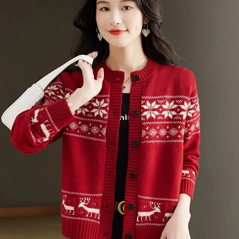 Autumn Winter Vintage Jacquard Loose Knitted Cardigan O-neck Single Breasted Contrast Sweaters Office Lady Fashion Chic Tops