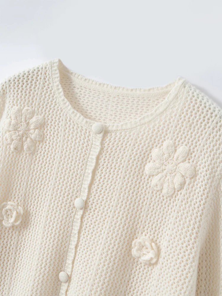 

100% Cashmere Sweater Women's Round Neck Hollow Out Cardigan Autumn Winter Crochet Flower Style Knitwear Loose Fashion Clothing