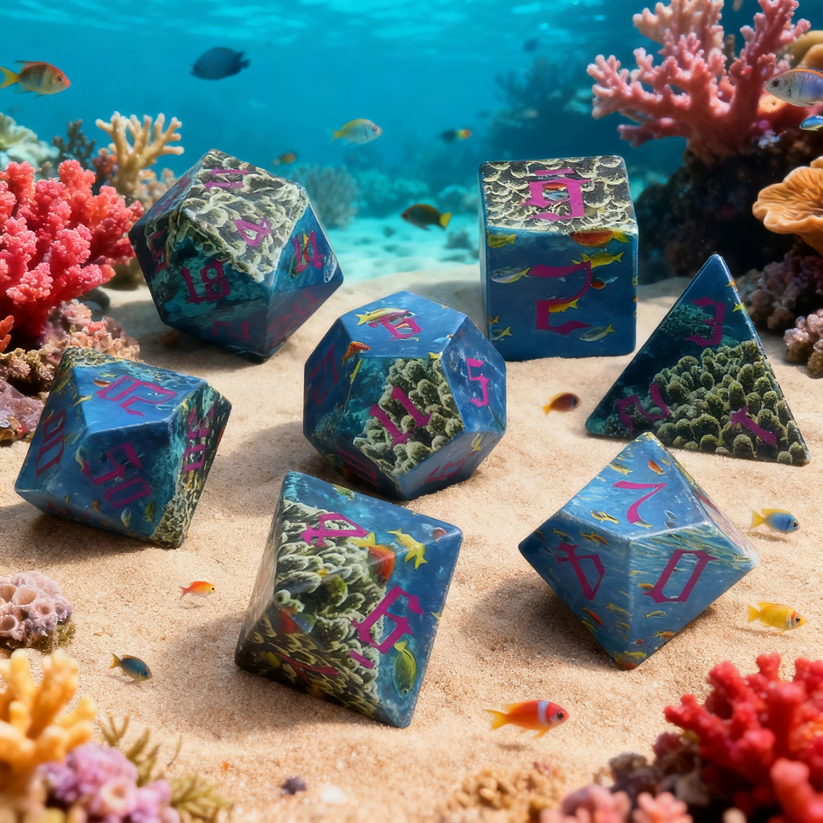 

7-Piece 18mm Acrylic Polyhedral Dice Set Underwater Theme Aluminum Storage Case Perfect for Family Outdoor Gatherings