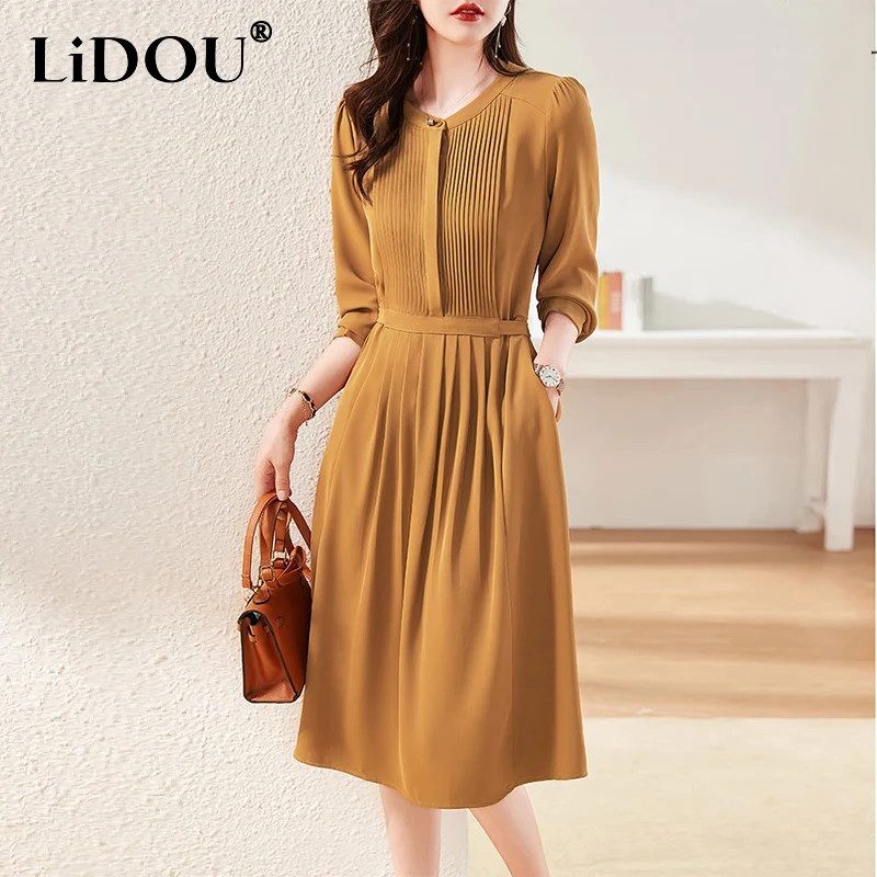 

Spring Autumn New Women's Elegant Fashion Pleated Waist Vestidos Ladies Long Sleeve Solid Color Casual Robe Female Vintage Dress