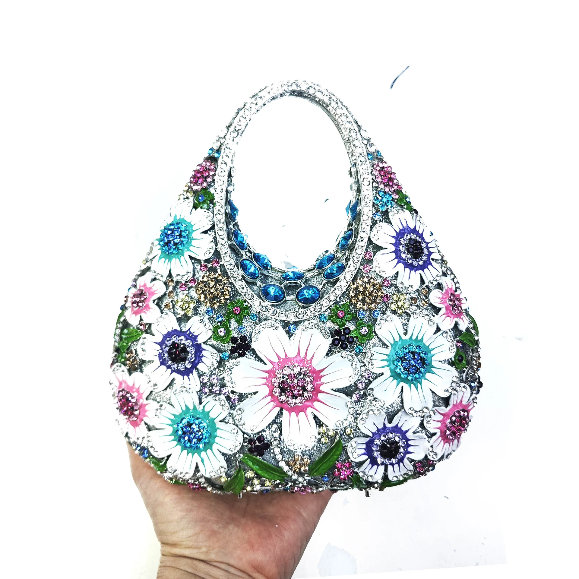 

XIYUAN Blue Rhinestone Flower Handle Clutch Female New Floral Luxury Designer Handbag Crystal Evening Party Bag Wedding Purse