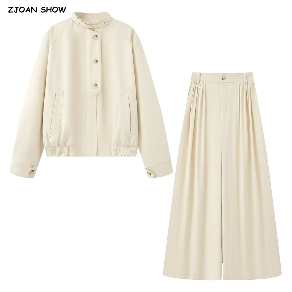 

2 pieces 1 Set 2025 Autumn Stand Collar Button Zipper Long Sleeve Jacket + Elastic Waist Pleated Wide Leg Straight Skirt-Pants