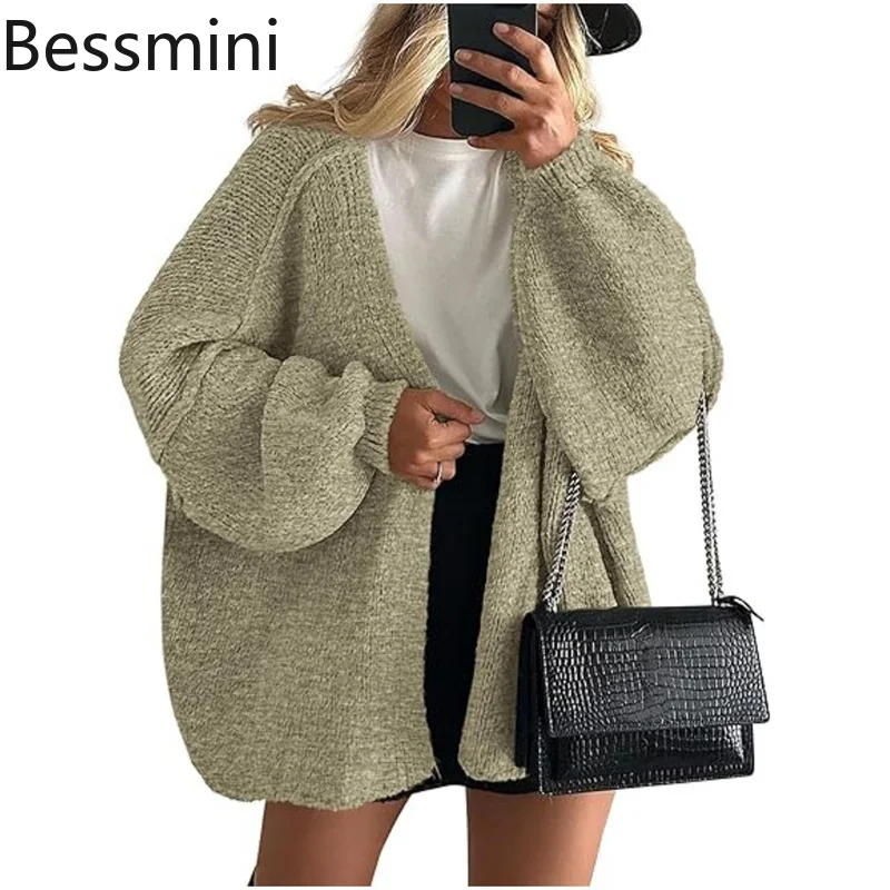 

Elegant Fashion Solid Color Sweater Women Daily Commuter Casual Loose Cardigan Lady Autumn Winter Knitted Thickened Warm Tops