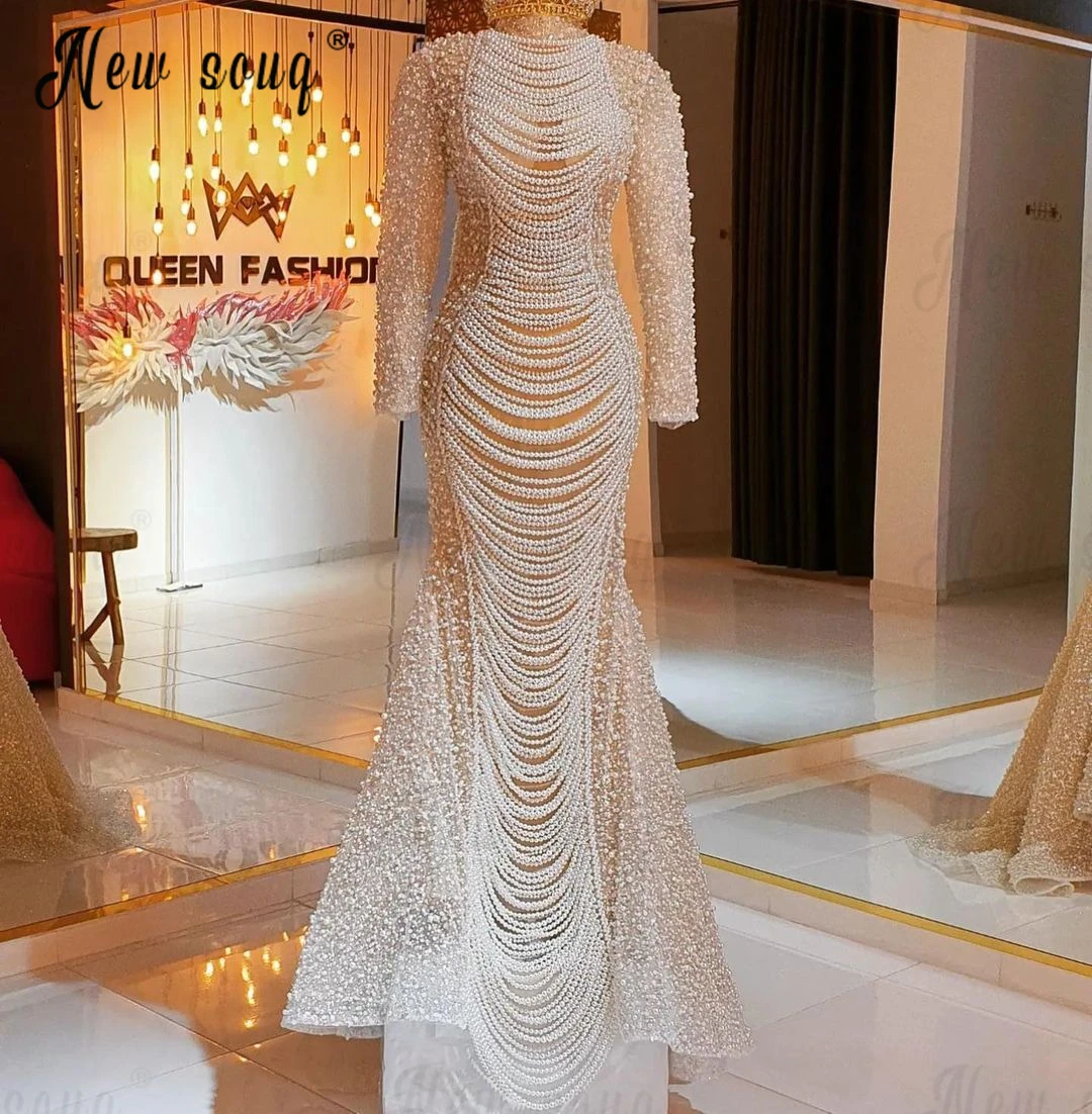 Elegant Ivory Full Pearls Long Sleeve Evening Dresses 2024 Dubai Wedding Gowns Fashion Party Dresses High Collar فساتين السهرة