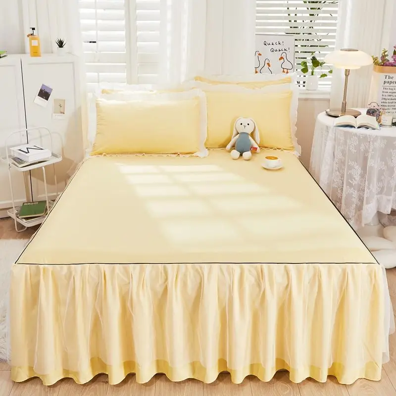 1pcs Princess Bed Skirt Ruffled Lace Bed Skirt Non-slip Mattress Cover Solid Color Bedsheet Protector Bedspread No Pillowcase