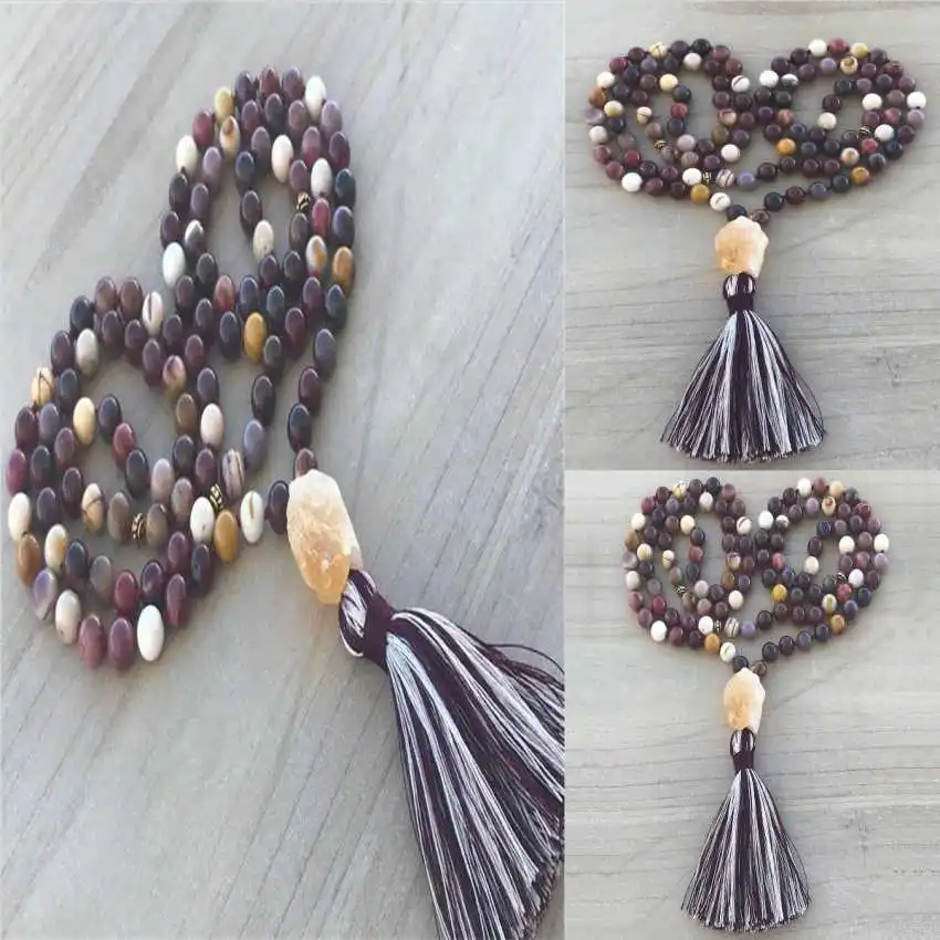 8mm Natural Egg Yolk 108 Beads Tassel Knot Necklace Choker Peace Metal Stone Tranquility Spiritual Seekers Pendant Bridal Mala