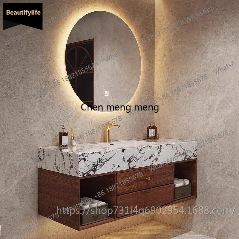 CC Modern Bathroom Slab Seamless Integrated Basin Black Walnut Bathroom Cabinet Combination Storage Drawers