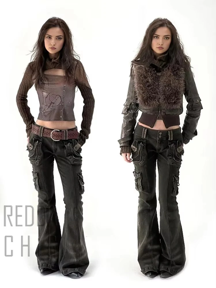 REDDACHiC Dual-Button Low Rise Women Cargo Pants Grunge Zipper Decor Pockets Do Old Whiskers Flare Jeans Grayu Y2k Streetwear