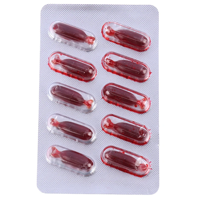 10 Uds. Cápsulas de sangre falsas lavables, Plasma simulado, sangre de terror, juguete de fiesta, suministros festivos, Plasma de sangre Artificial
