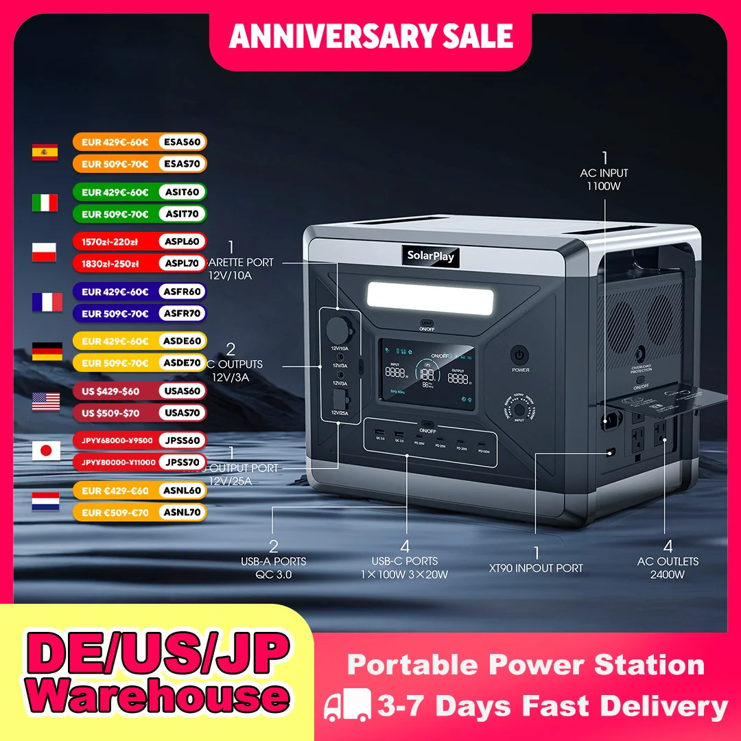 SOLARPLAY – centrale électrique Portable de Camping, générateur solaire 2400W 2160WH AC-Steckdosen, 12 Ports de sortie entièrement chargés en 1.5 heures