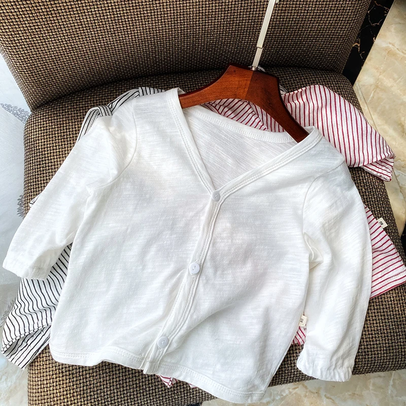 Baby's Lightweight Jacket Summer Long Sleeved V-Neck Cotton White Sunscreen Cardigan Boys Girls Thin Outerwear