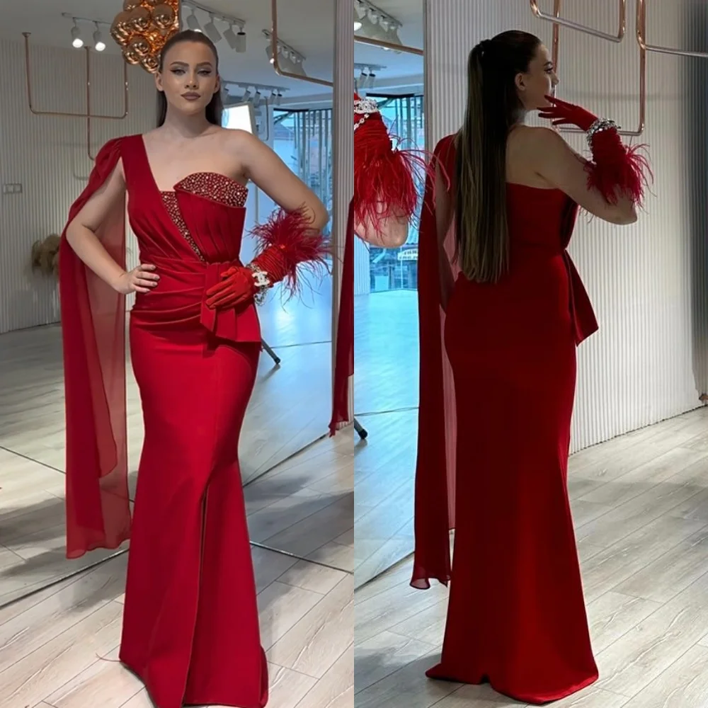 

Jersey Beading Draped Pleat Celebrity A-line One-shoulder Bespoke Occasion Gown Long Dresses Evening Saudi Arabia Prom