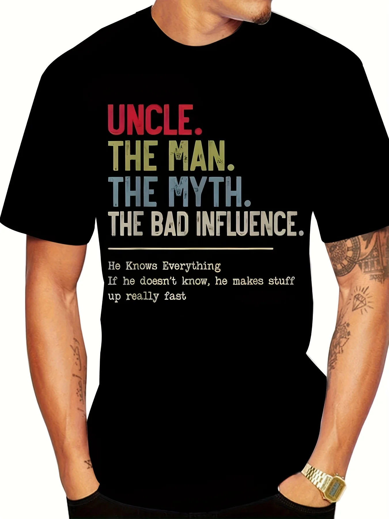 T-shirt homme imprimé 3D 2026 - Design « Oncle, le Mythe, la Mauvaise Influence » avec citation humoristique, noir, décontracté, manches courtes