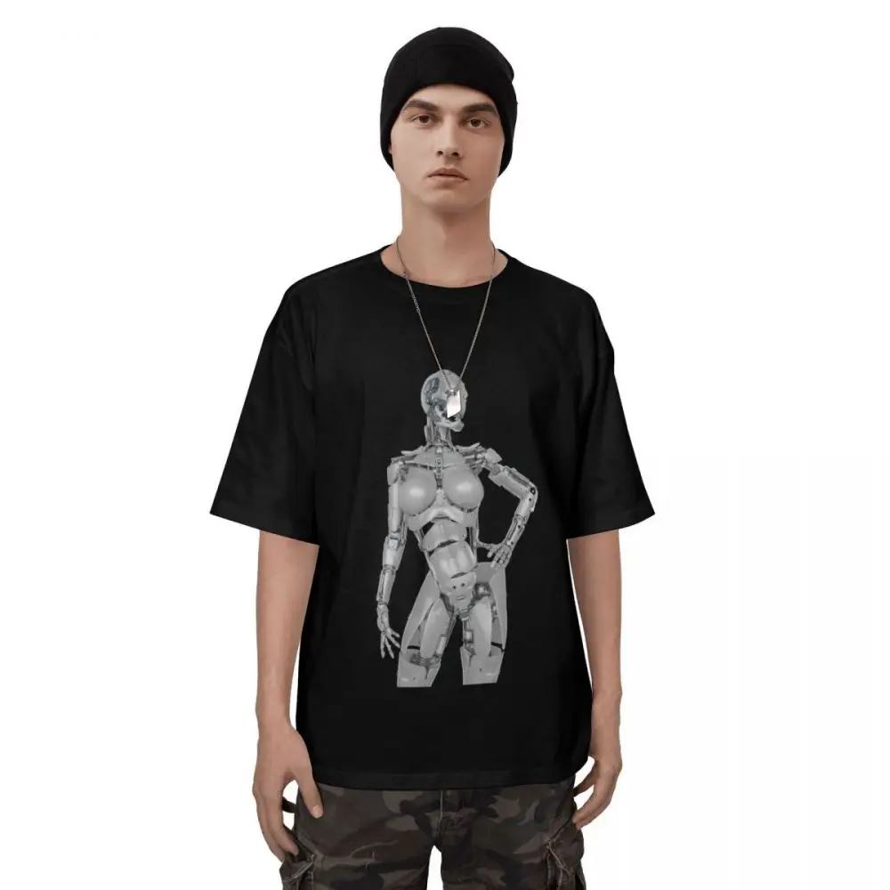 

Mens Y2K Trendy Art Clothing Pure Cotton Hip-Hop American Street Chicano Tattoo Cyberpunk Robot Posing Abstract Graffiti T-Shirt