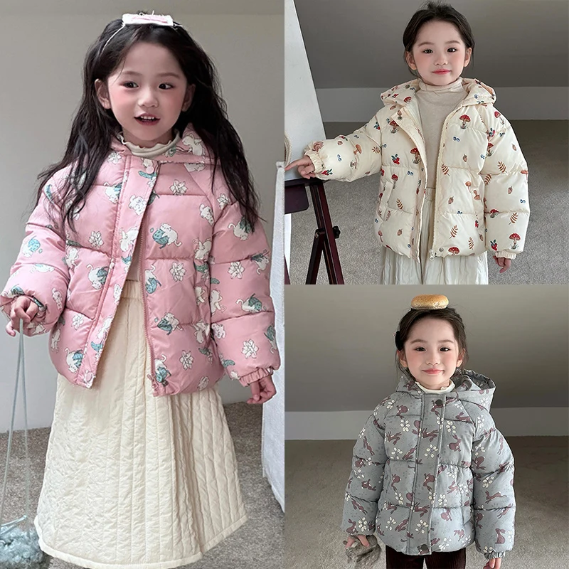 Winter Gepolsterte Unten Mantel Mädchen Dicke Warme Jacke Baby Nette Muster Mit Kapuze Outwear Herbst Kinder Jungen Mode Baumwolle Kleidung