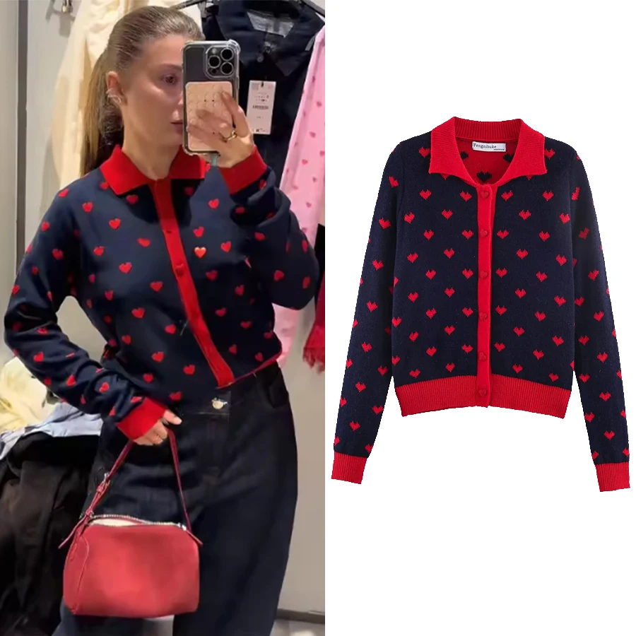 

Women Romance Print Sweater Cute Collar Long Sleeved Knitted Cardigan Stylish Lady New Trend Casual Clothes